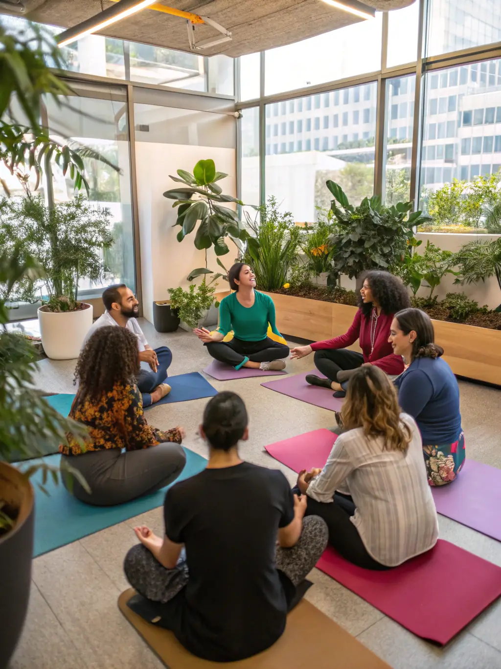 A serene image of a group of people meditating together in a workshop setting, guided by David Gregory, promoting community and shared growth.