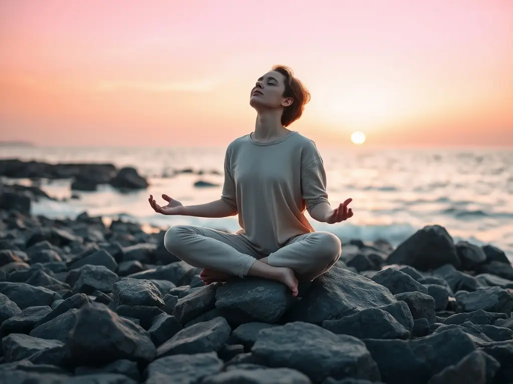 A serene image of a person meditating in a peaceful environment, sunlight gently illuminating their face, symbolizing inner peace and mindfulness.